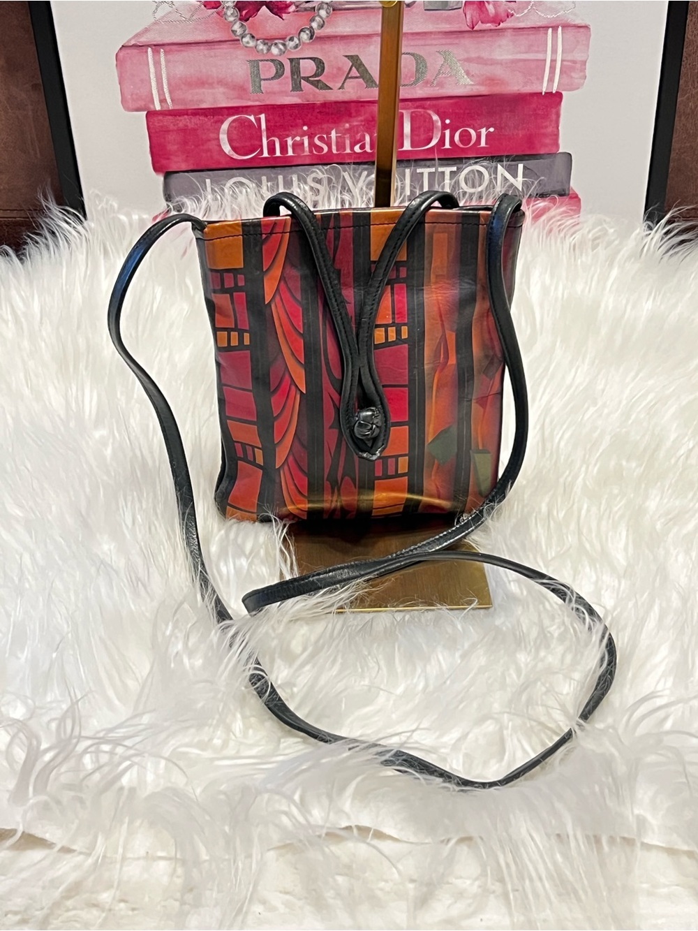 Vintage 90s Artisan Red & Orange Patterned Leather Crossbody Bag